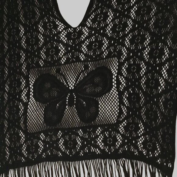Black Lace Butterfly Fringe Shawl Poncho Wrap Boho Goth Festival Long Fringe OS - Picture 6 of 8